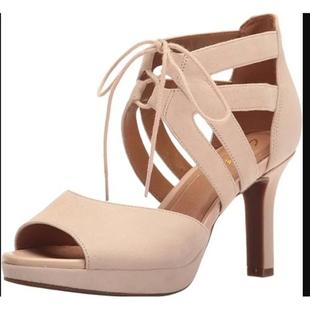 Clarks Artisan Nude Pump Suede Leather Lace Up Ankle Platform Heels Women 12 NEW